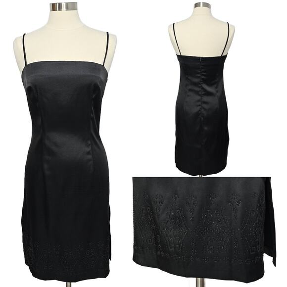 Vintage Y2K Rampage Black Beaded Satin Slip Dress 9 Sleeveless Prom Goth Fairy - Picture 1 of 6